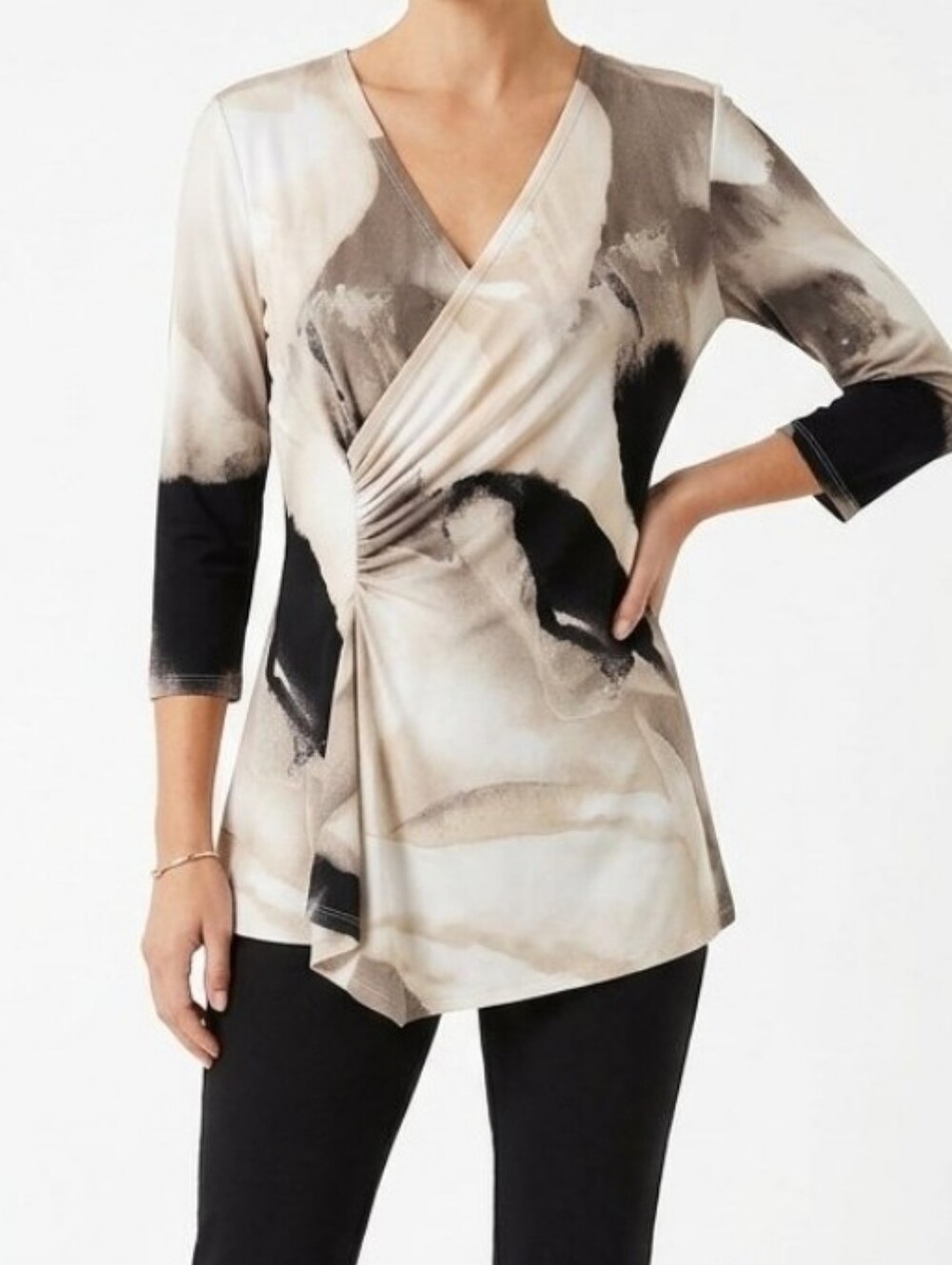 Clara Sun Woo Asymmetric Twist Hem 3/4 Sleeve Tunic Womens XS Oversized Relaxed